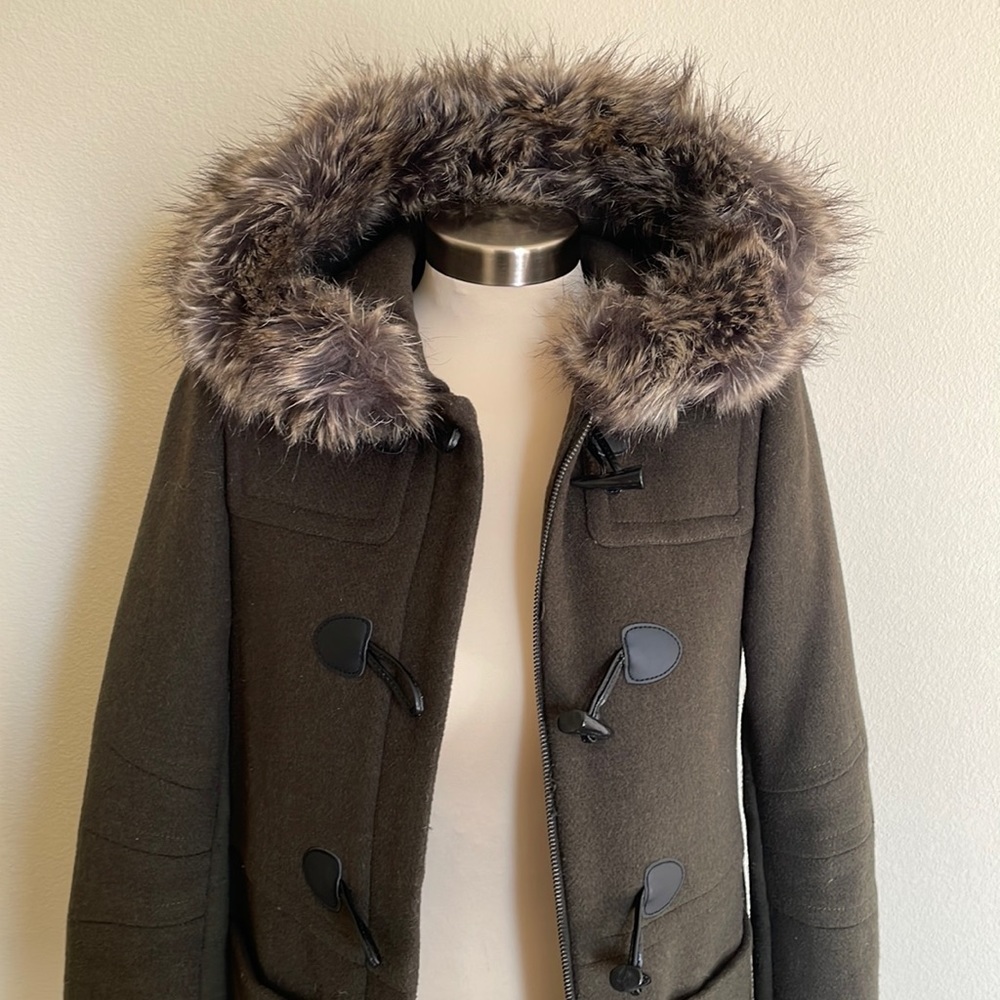 BCBGeneration Dark Olive Coat with Fur Trim Hoodie (Size XS)